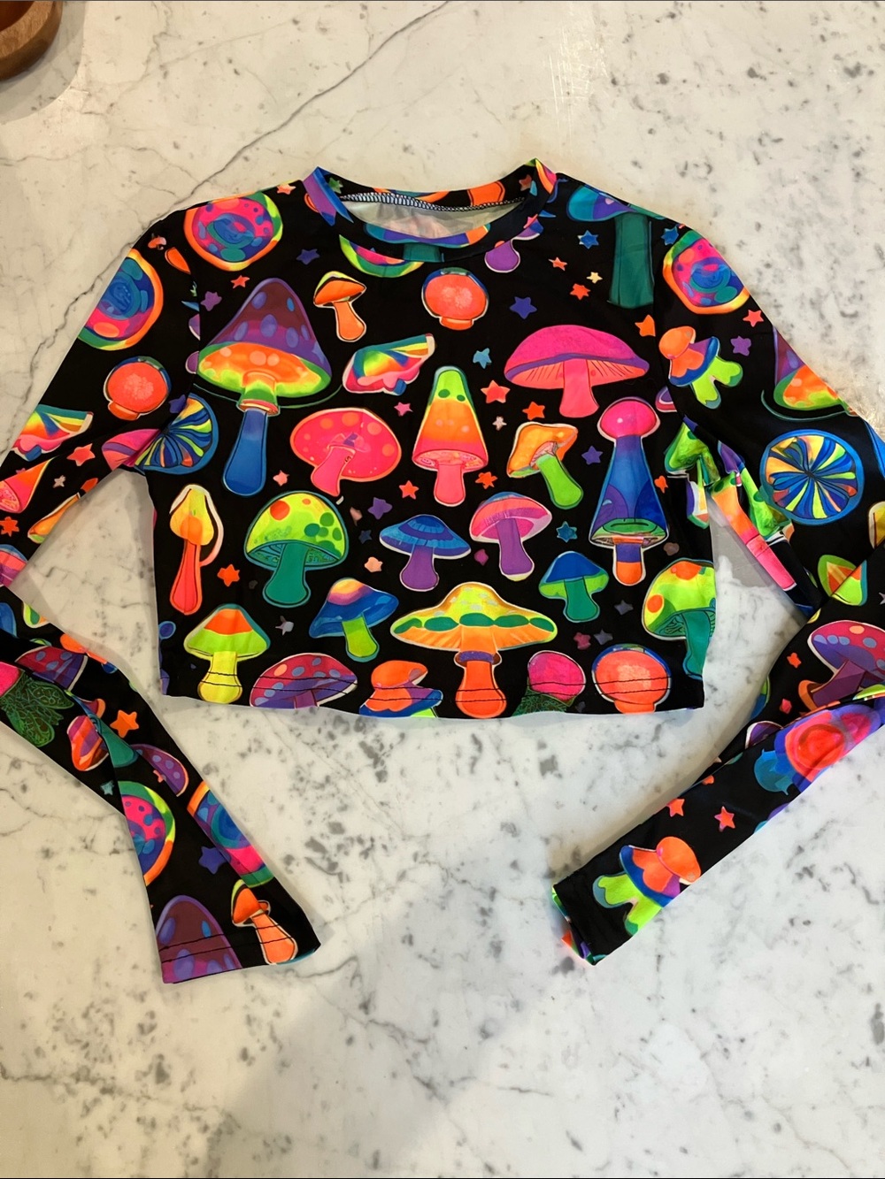 SHEIN Black Neon Mushroom Print Long Sleeve Crop Top
